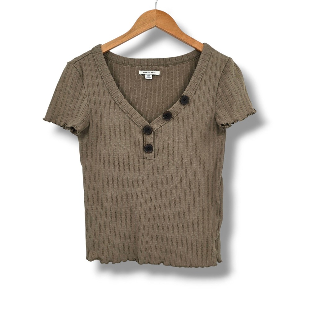 American Eagle Women Ribbed Henley Short Sleeve V-Neck Lettuce Edge Top Olive S